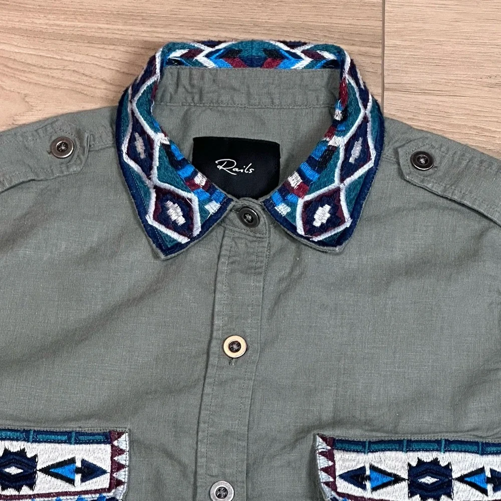 Rails Button Up Shirt Long Sleeve Aztec Trim Olive Green Casual - Picture 2 of 9